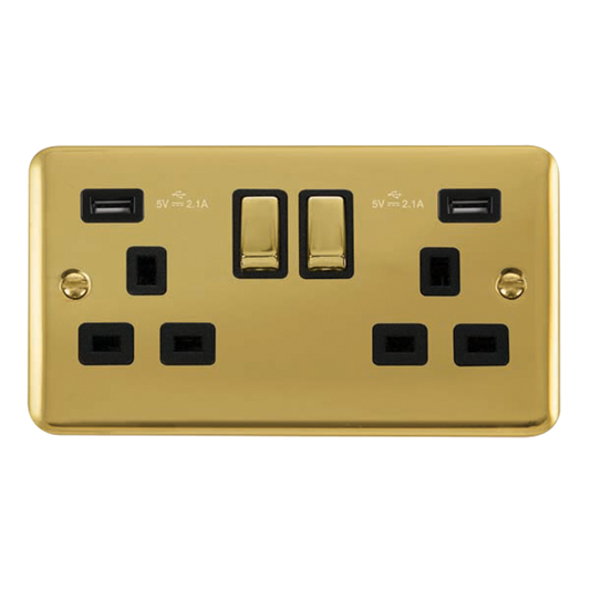 Click Deco Plus Polished Brass 2G 13A Double Switched Socket c/w 2 x USB Outlets Black Insert