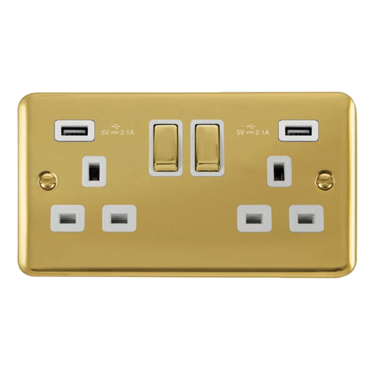 Click Deco Plus Polished Brass 2G 13A Double Switched Socket c/w 2 x USB Outlets White Insert