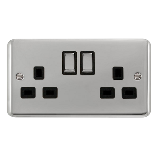Click Deco Plus Polished Chrome 2G 13A Double Switched Socket Black Insert