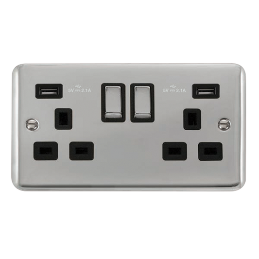 Click Deco Plus Polished Chrome 2G 13A Double Switched Socket c/w 2 x USB Outlets Black Insert