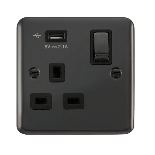 Click Deco Plus Black Nickel 1G 13A Single Switched Socket c/w 1 x USB Outlet Black Insert