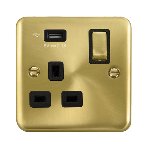 Click Deco Plus Satin Brass 1G 13A Single Switched Socket c/w 1 x USB Outlet Black Insert