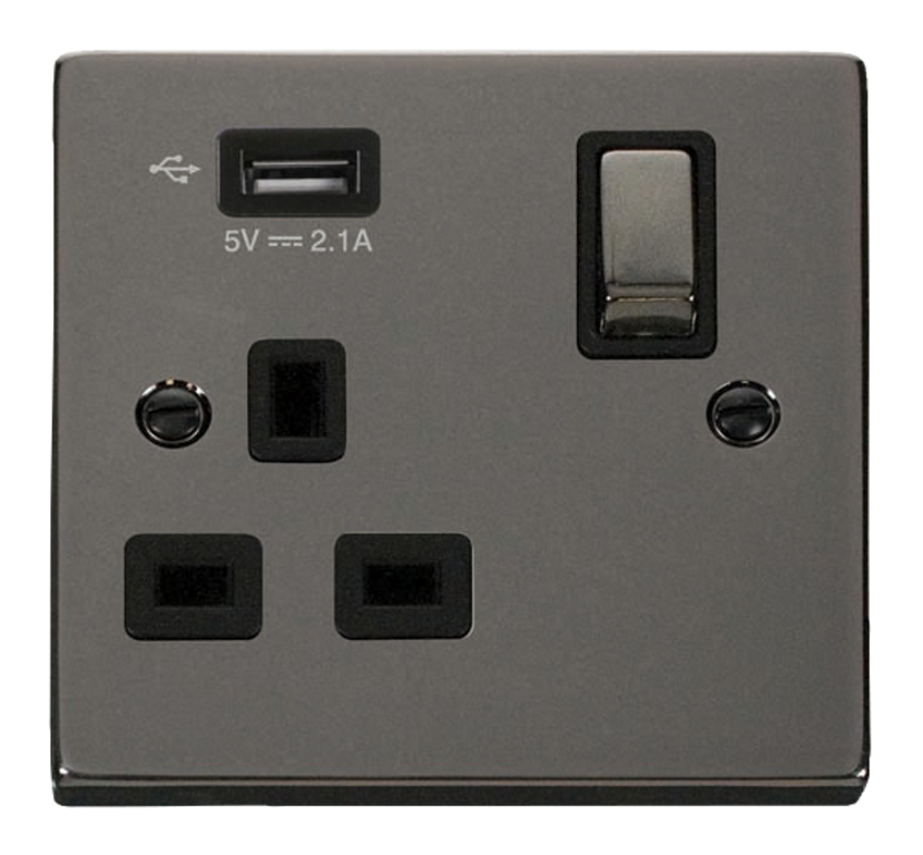 Click Deco Black Nickel 1G 13A Single Switched Socket c/w 1 x USB Outlet Black Insert