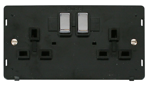 Click Definity Screwless Polished Chrome 2G 13A Double Switched Socket Black Insert
