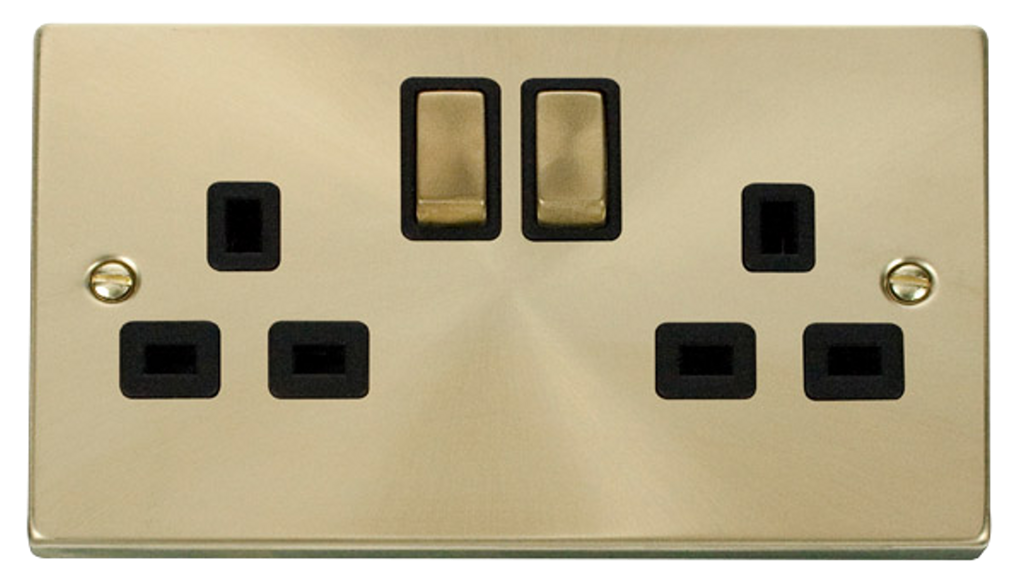 Click Deco Satin Brass 2G 13A Double Switched Socket Black Insert