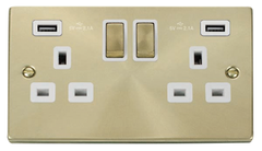 Click Deco Satin Brass 2G 13A Double Switched Socket c/w 2 x USB Outlets White Insert