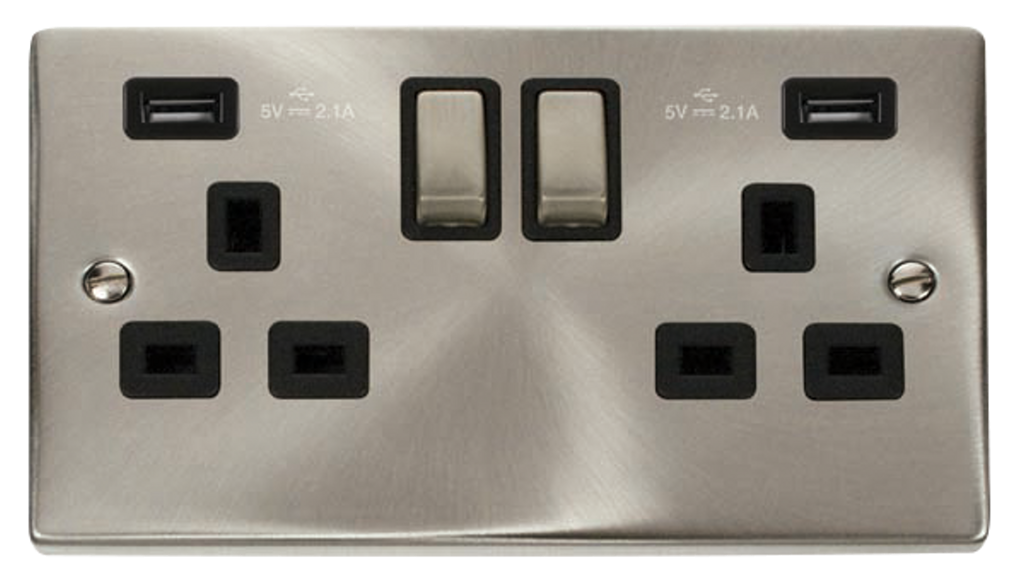 Click Deco Satin Chrome 2G 13A Double Switched Socket c/w 2 x USB Outlets Black Insert