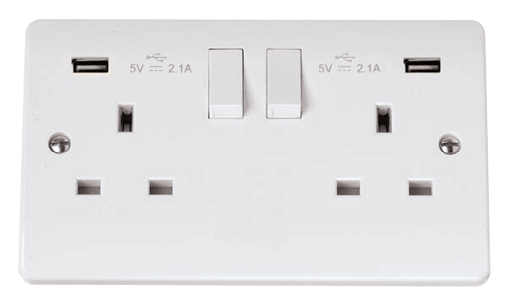 Click Mode White 2G 13A Double Switched Socket c/w 2 x USB Outlets