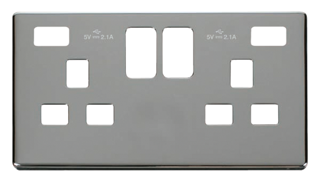 Click Definity Screwless Polished Chrome 2G 13A Double Switched Socket c/w 2 x USB Outlets Black Insert