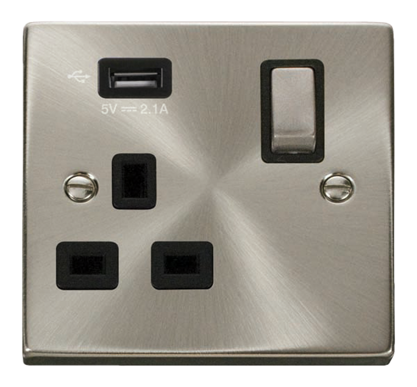 Click Deco Satin Chrome 1G 13A Single Switched Socket c/w 1 x USB Outlet Black Insert