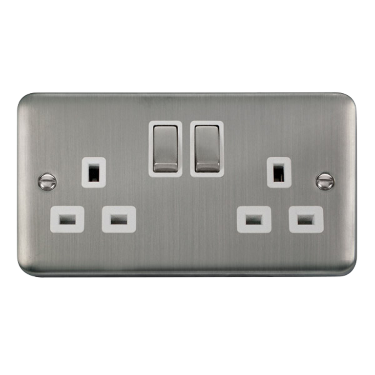 Click Deco Plus Stainless Steel 2G 13A Double Switched Socket White Insert