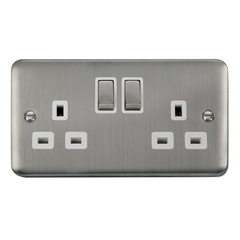 Click Deco Plus Stainless Steel 2G 13A Double Switched Socket White Insert