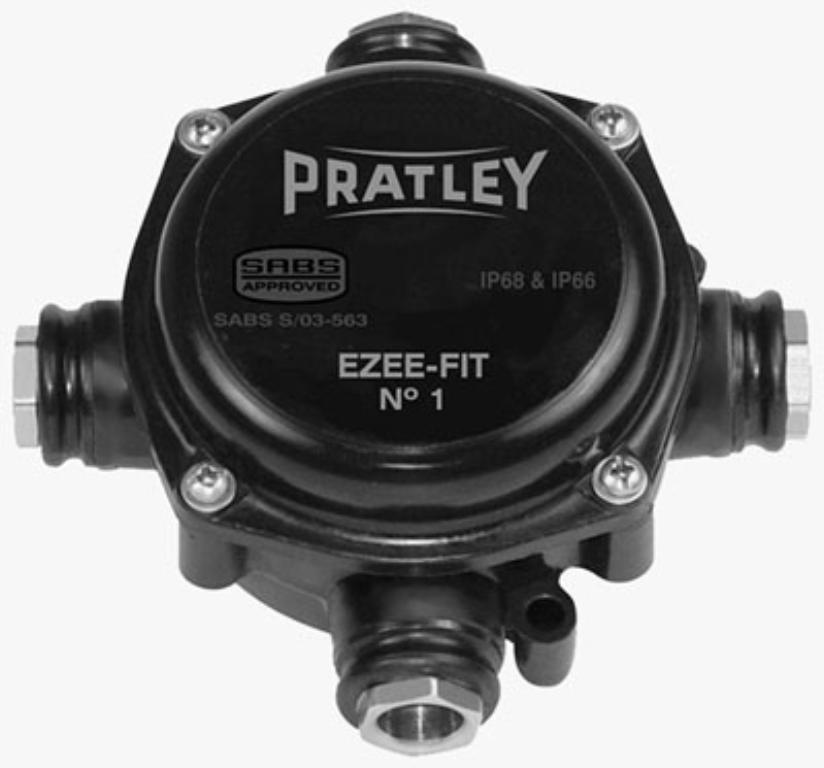 Pratley 4 Way 25mm Entry Box Size 1 Ezee Fit IP68 Non-Corrosive Black Cable Junction Box