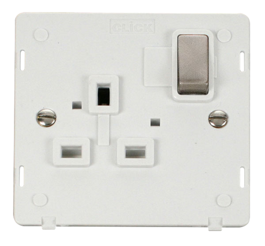 Click Definity Screwless Brushed Stainless 1G 13A Single Switched Socket White Insert