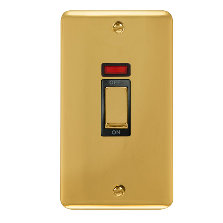 Click Deco Plus Polished Brass 2G 45A DP Vertical Switch & Neon Black Insert