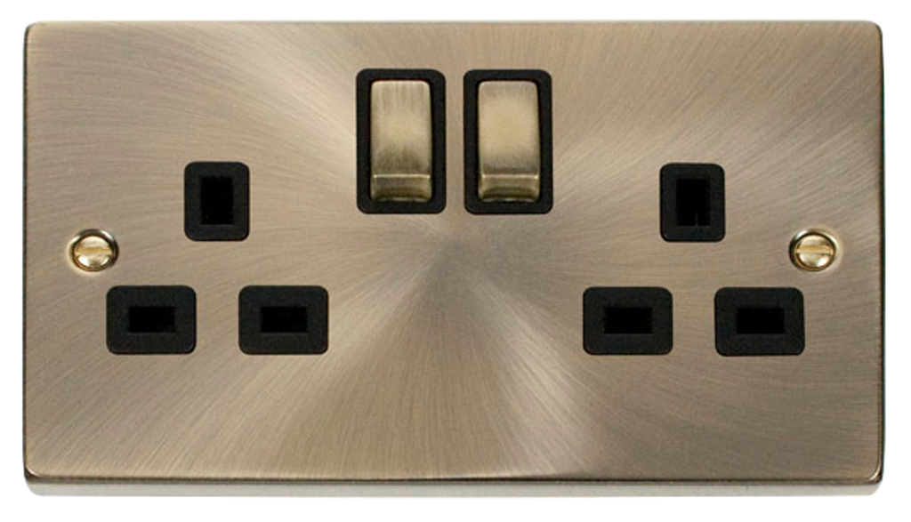 Click Deco Antique Brass 2G 13A Double Switched Socket Black Insert
