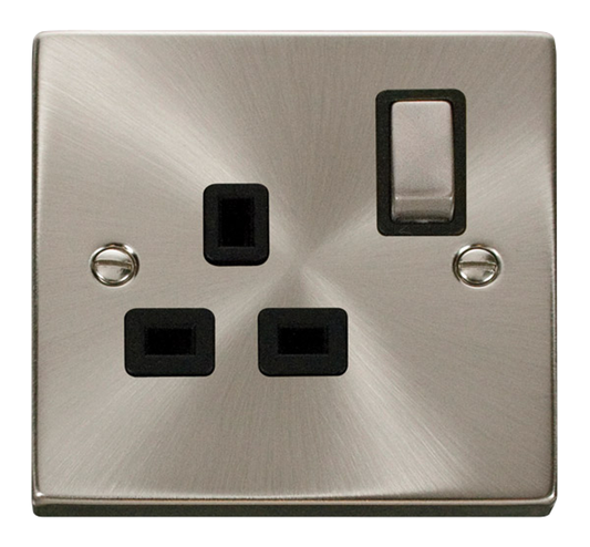 Click Deco Satin Chrome 1G 13A Single Switched Socket Black Insert