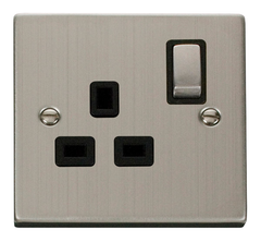 Click Deco Stainless Steel 1G 13A Single Switched Socket Black Insert
