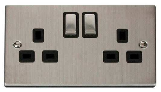 Click Deco Stainless Steel 2G 13A Double Switched Socket Black Insert