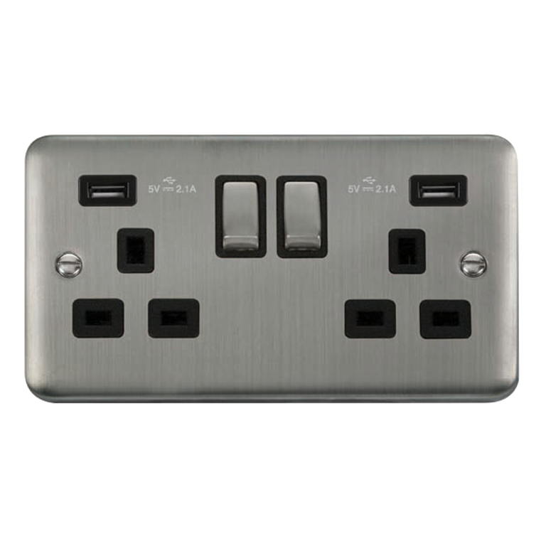 Click Deco Plus Stainless Steel 2G 13A Double Switched Socket c/w 2 x USB Outlets Black Insert