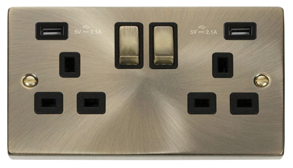 Click Deco Antique Brass 2G 13A Double Switched Socket c/w 2 x USB Outlets Black Insert