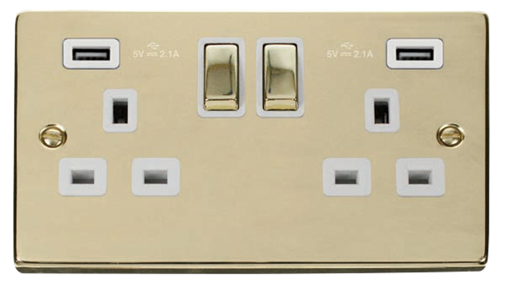Click Deco Polished Brass 2G 13A Double Switched Socket c/w 2 x USB Outlets White Insert