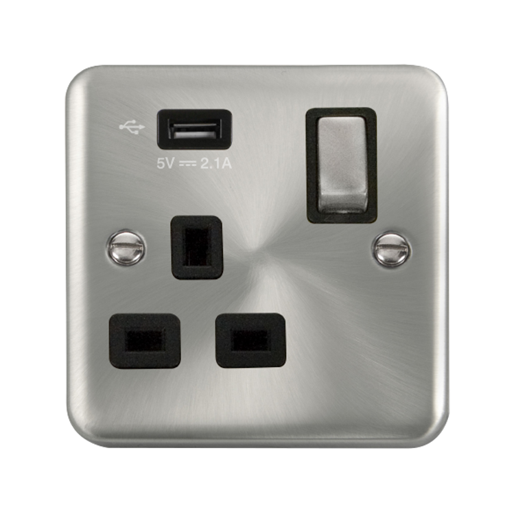 Click Deco Plus Satin Chrome 1G 13A Single Switched Socket c/w 1 x USB Outlet Black Insert
