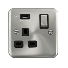Click Deco Plus Satin Chrome 1G 13A Single Switched Socket c/w 1 x USB Outlet Black Insert