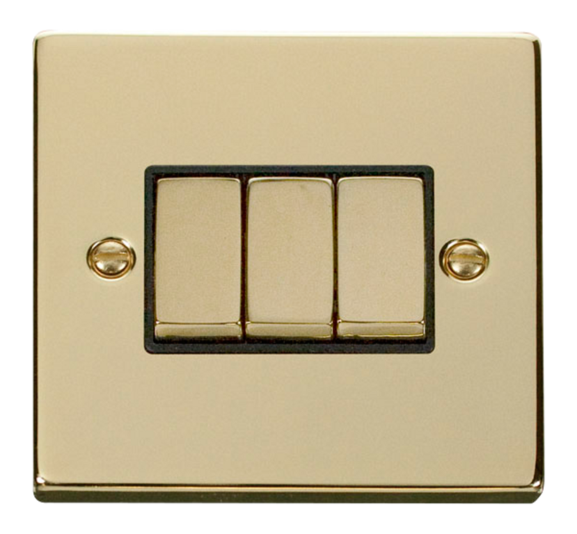 Click Deco Polished Brass 3G 2W Triple Light Switch Black Insert