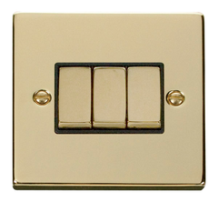 Click Deco Polished Brass 3G 2W Triple Light Switch Black Insert