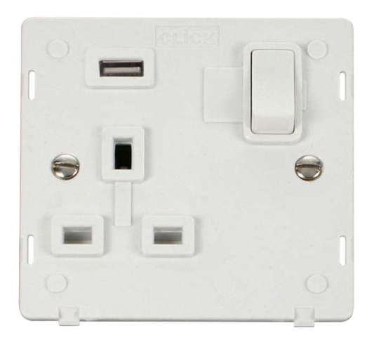 Click Definity Screwless Polar White 1G 13A Single Switched Socket c/w 1 x USB Outlet White Insert