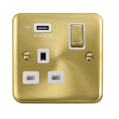 Click Deco Plus Satin Brass 1G 13A Single Switched Socket c/w 1 x USB Outlet White Insert