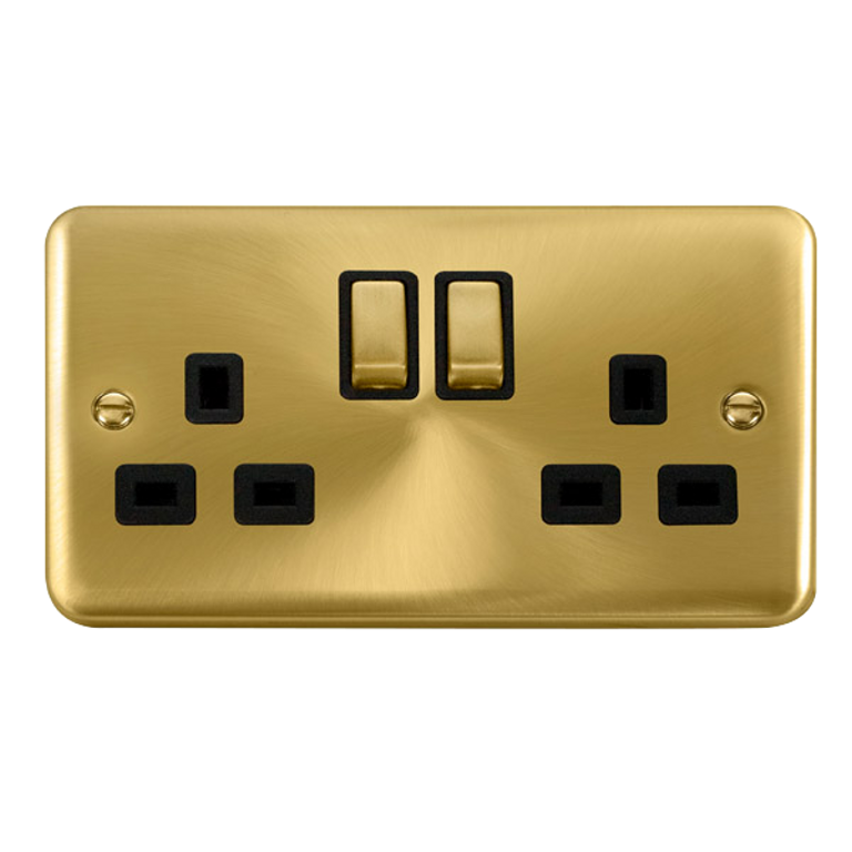 Click Deco Plus Satin Brass 2G 13A Double Switched Socket Black Insert