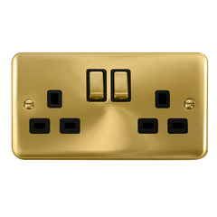 Click Deco Plus Satin Brass 2G 13A Double Switched Socket Black Insert