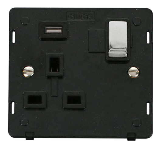 Click Definity Screwless Polished Chrome 1G 13A Single Switched Socket c/w 1 x USB Outlet Black Insert