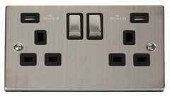 Click Deco Stainless Steel 2G 13A Double Switched Socket c/w 2 x USB Outlets Black Insert