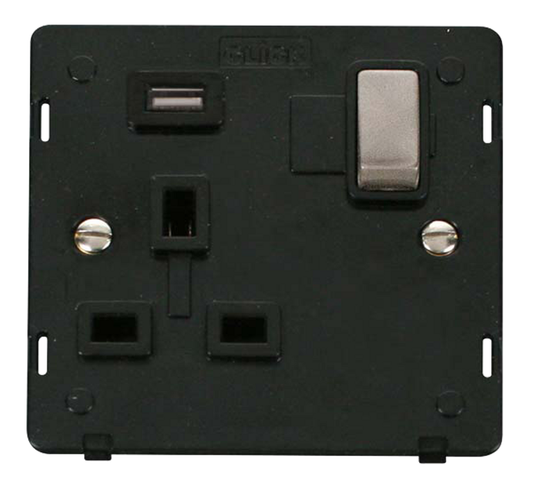 Click Definity Screwless Brushed Stainless 1G 13A Single Switched Socket c/w 1 x USB Outlet Black Insert
