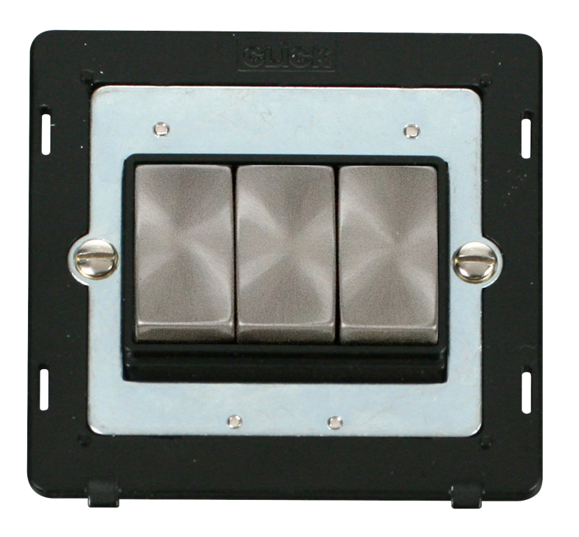 Click Definity Screwless Brushed Stainless 3G 2W Triple Light Switch Black Insert