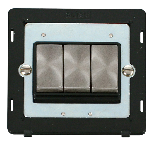 Click Definity Screwless Brushed Stainless 3G 2W Triple Light Switch Black Insert