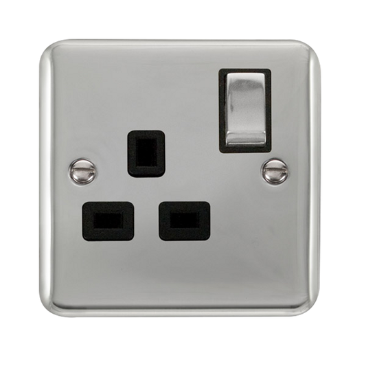 Click Deco Plus Polished Chrome 1G 13A Single Switched Socket Black Insert