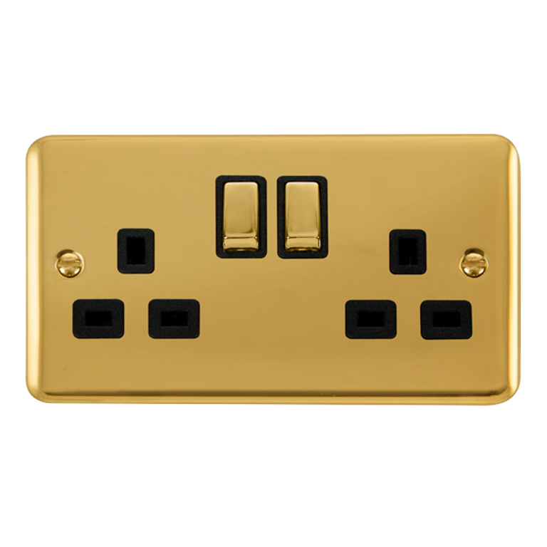 Click Deco Plus Polished Brass 2G 13A Double Switched Socket Black Insert