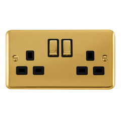Click Deco Plus Polished Brass 2G 13A Double Switched Socket Black Insert