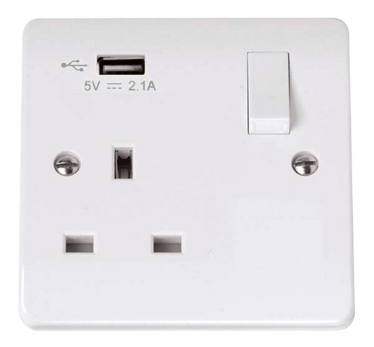 Click Mode White 1G 13A Single Switched Socket c/w 1 x USB Outlet