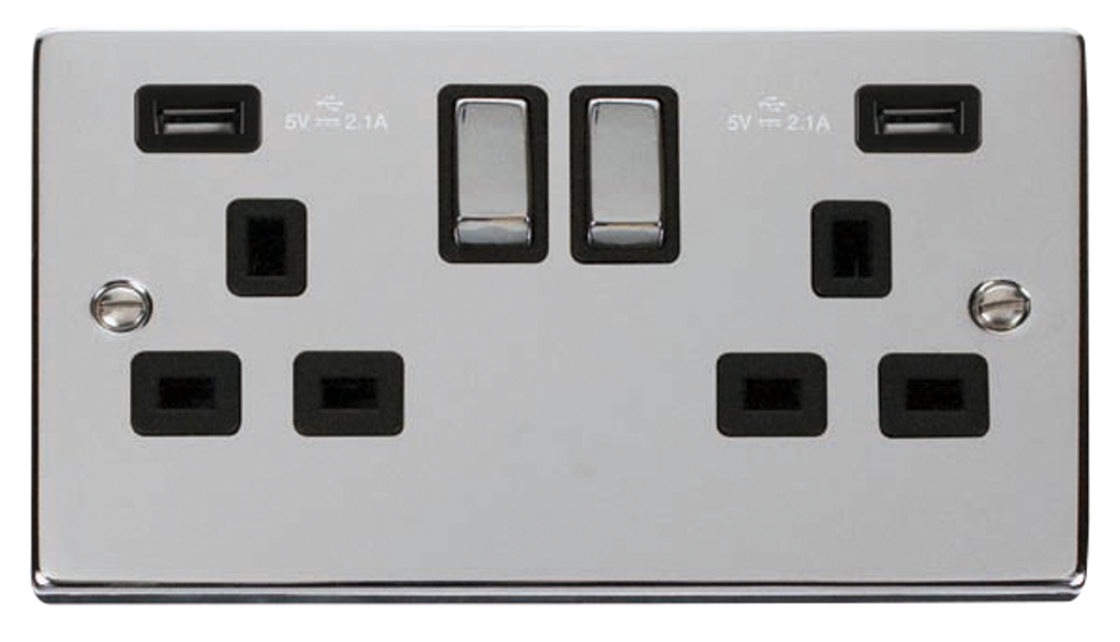 Click Deco Polished Chrome 2G 13A Double Switched Socket c/w 2 x USB Outlets Black Insert