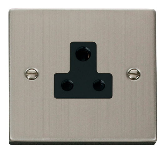 Click Deco Stainless Steel 1G 5A Round Pin Single Socket Black Insert