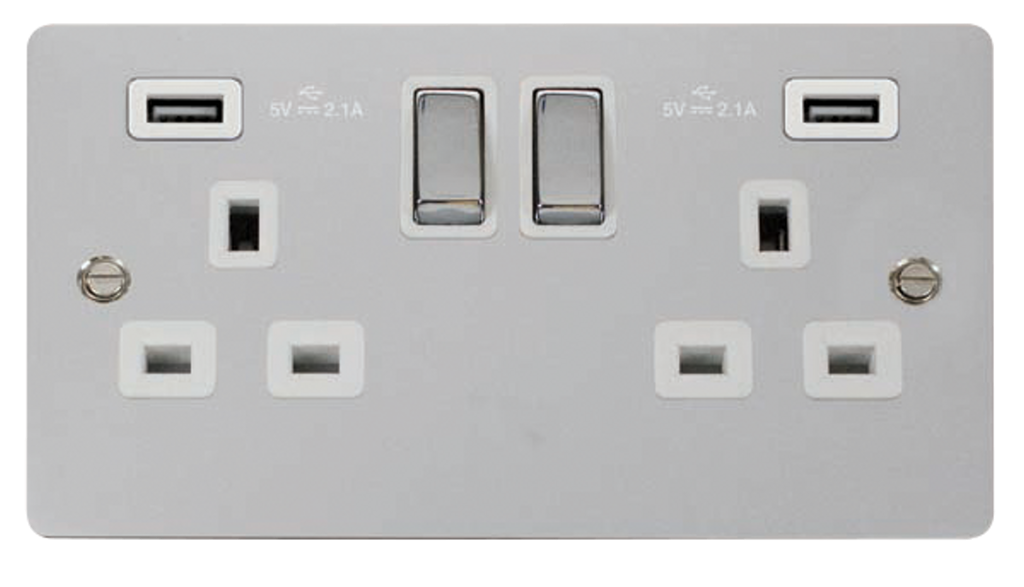 Click Define Polished Chrome 2G 13A Double Switched Socket c/w 2 x USB Outlets White Insert