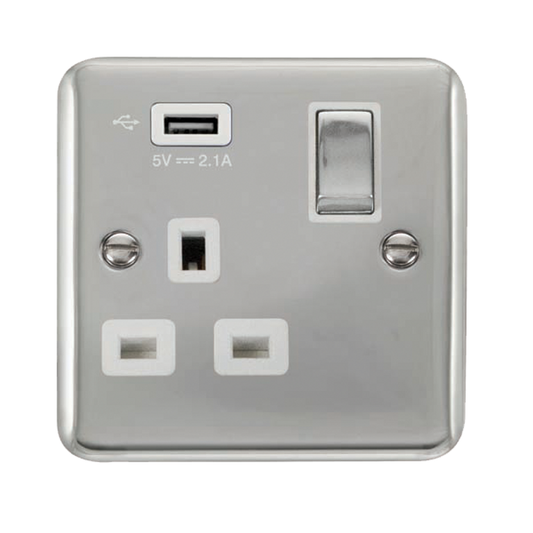 Click Deco Plus Polished Chrome 1G 13A Single Switched Socket c/w 1 x USB Outlet White Insert