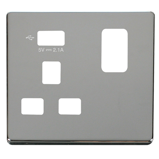 Click Definity Screwless Polished Chrome 1G 13A Single Switched Socket c/w 1 x USB Outlet Black Insert