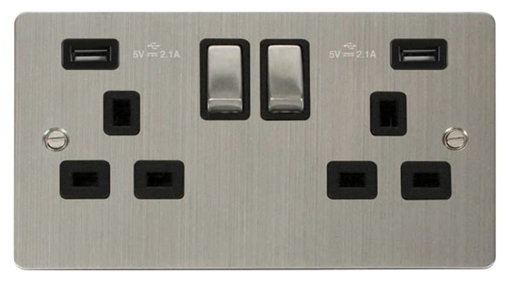Click Define Stainless Steel 2G 13A Double Switched Socket c/w 2 x USB Outlets Black Insert