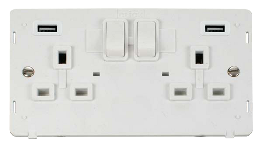 Click Definity Screwless Polar White 2G 13A Double Switched Socket c/w 2 x USB Outlets White Insert